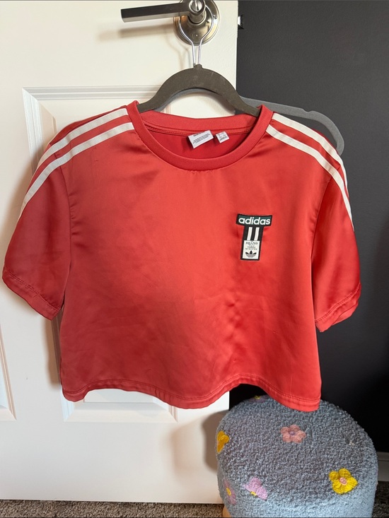 adidas Tops - adidas Red Short Sleeve Crop Tee with White Shoulder Stripes